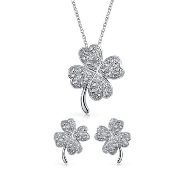 925 Silver Four Leaf Clover Pendant Necklace and Earrings Set